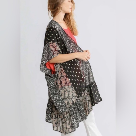 Umgee Sheer Mixed Print Kimono with Ruffled Hem - Picture 2 of 8
